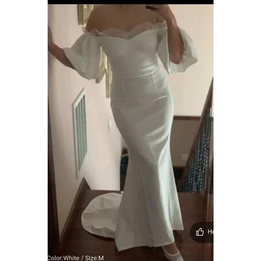 NEW Off Shoulder Contrast Mesh Mermaid Hem White Puff Sleeve Wedding Dre… - Picture 11 of 17